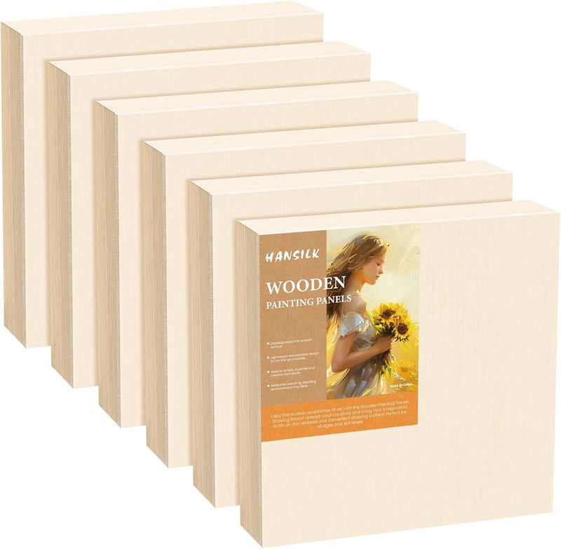 HANSILK ألواح فن الخشب - مجموعة ألواح قماش خشبية 6x6 لصب الأكريليك، الرسم بالزيت والأكريليك، الحرف اليدوية - ألواح قماش خشبية غير مشغولة ممتازة - 6 ألواح استوديو للفنانين والهواة - Image 1